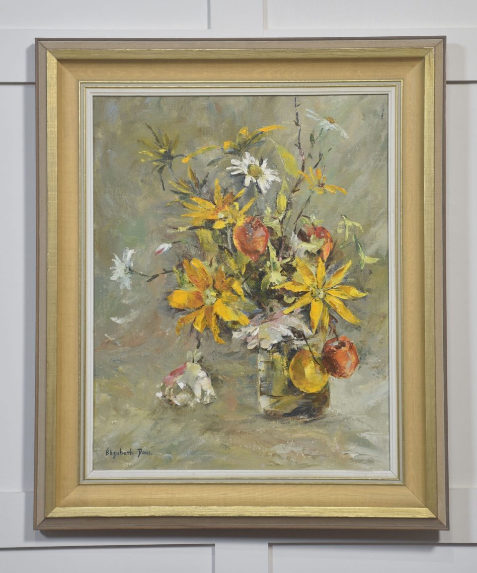 Oil on Canvas Still Life with Yellow Flowers and Fruit