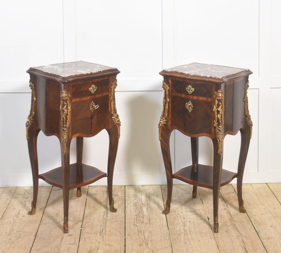 Pair of Louis XV–Style Marble-Top Bedside Cabinets