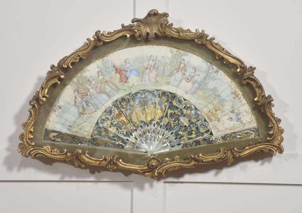 Decorative European Fan in Carved and Gilt Frame