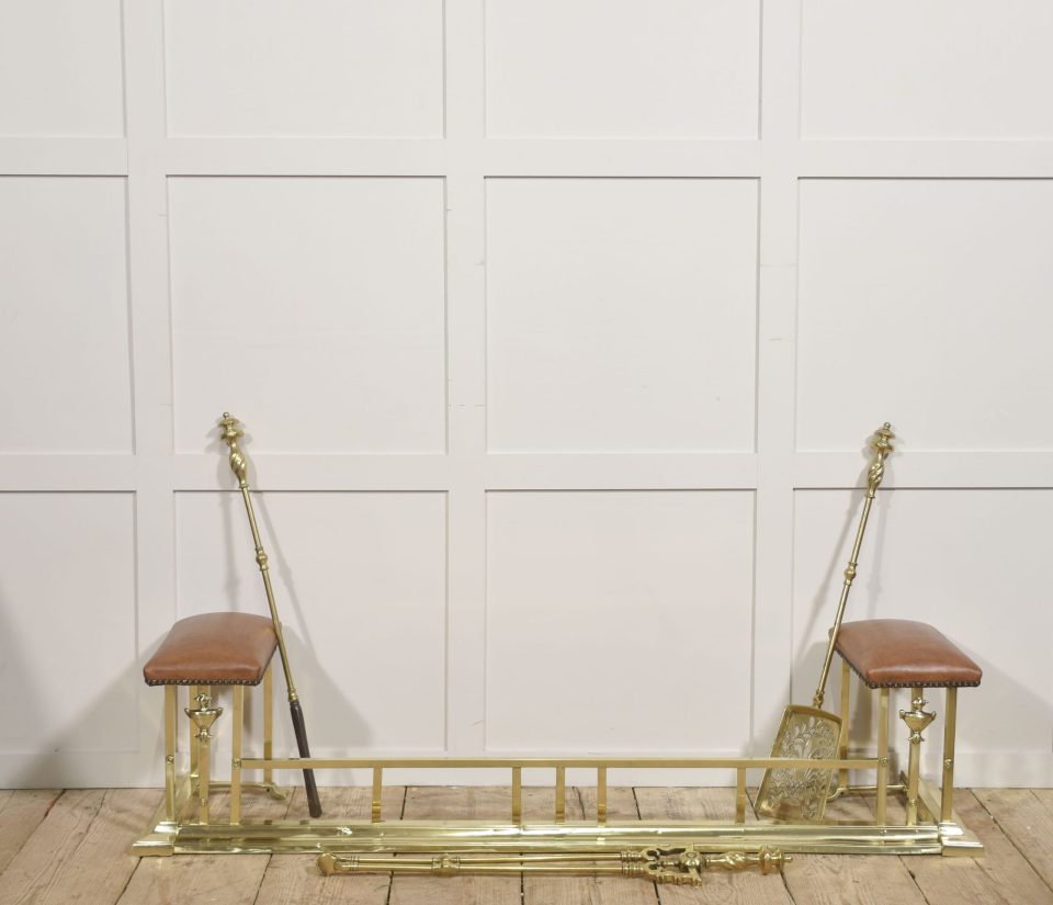 Brass and Leather Club Fender with Upholstered End Seats