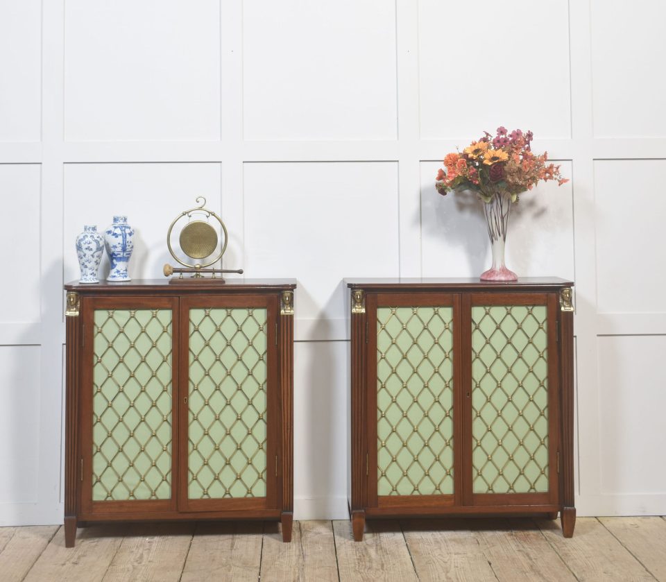 Pair of Regency-Style Mahogany Cabinets with Brass Lattice Doors