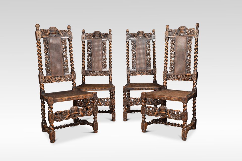 Set of four 17th century-style oak high back bergere chairs