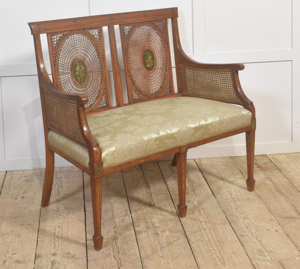 Painted Satinwood and Caned Settee
