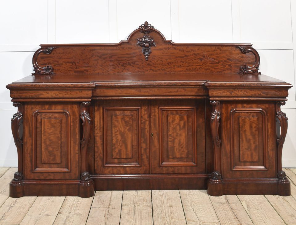 Large figured mahogany breakfront sideboard