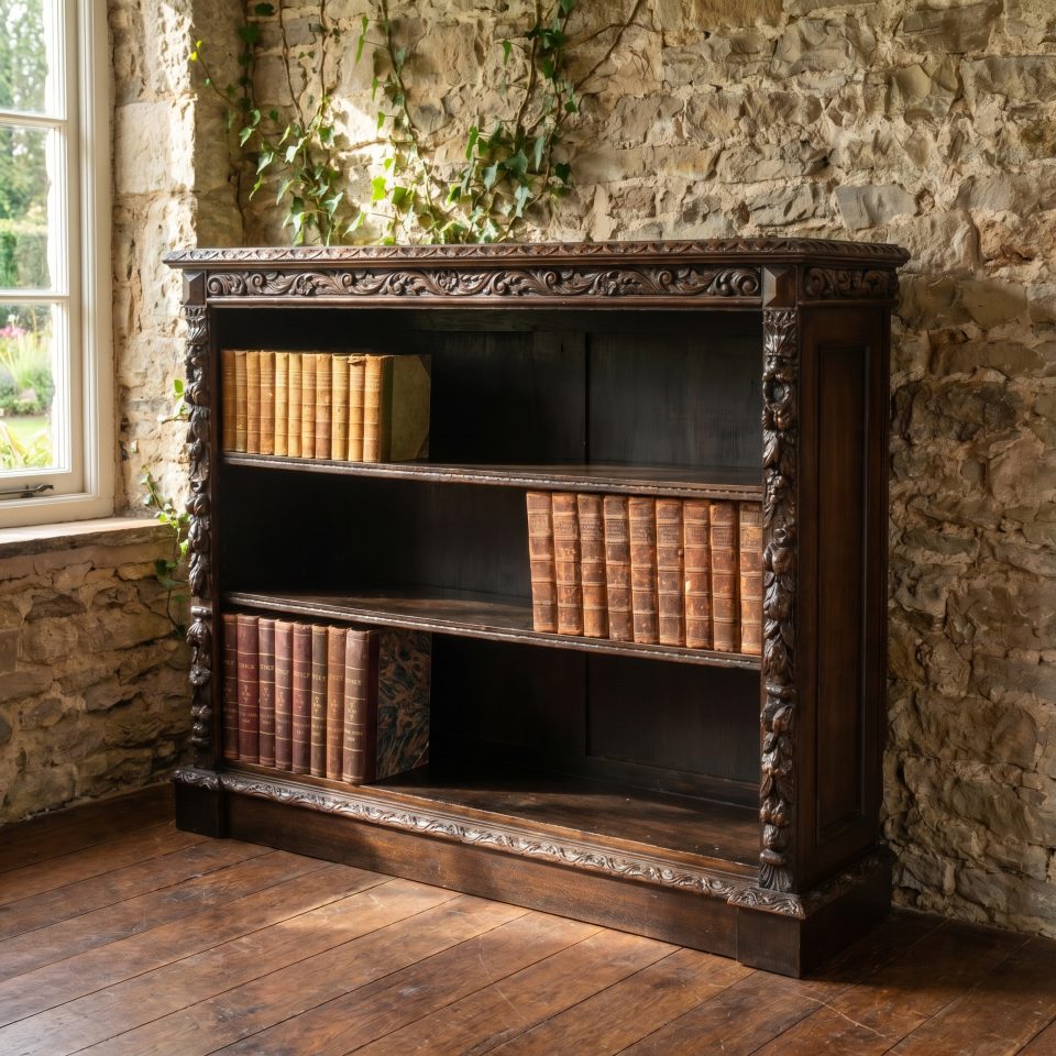 Carved oak open bookcase