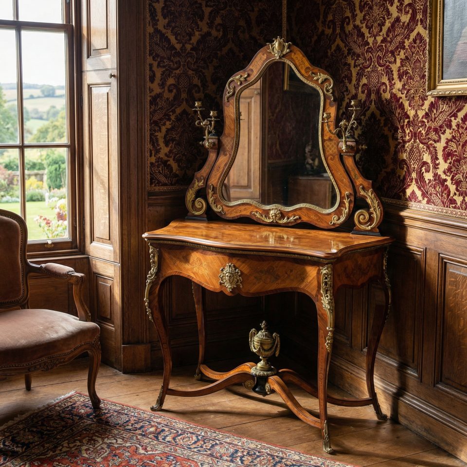Louis Philippe ormolu-mounted tulipwood and marquetry inlaid dressing table by Maison Pretot Paris