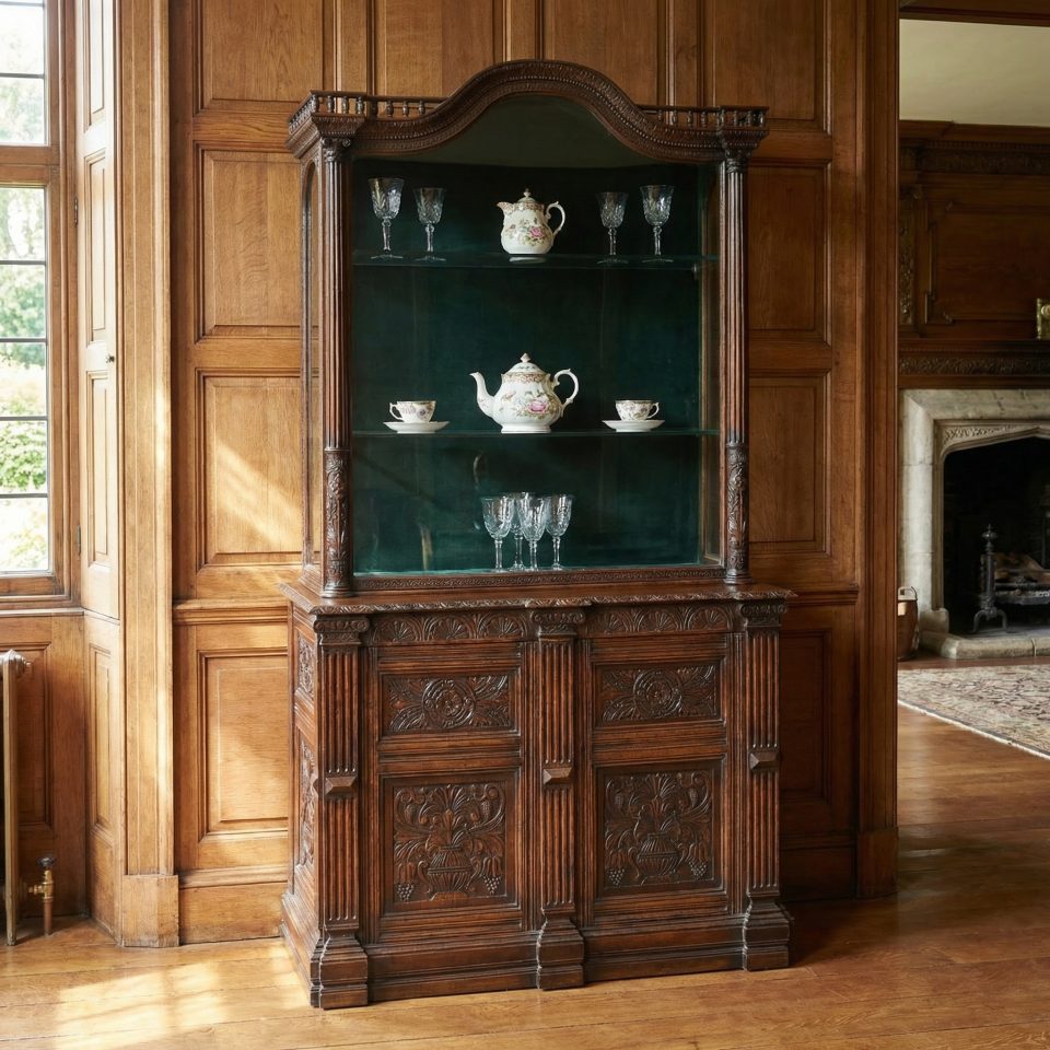 Carved oak display cabinet