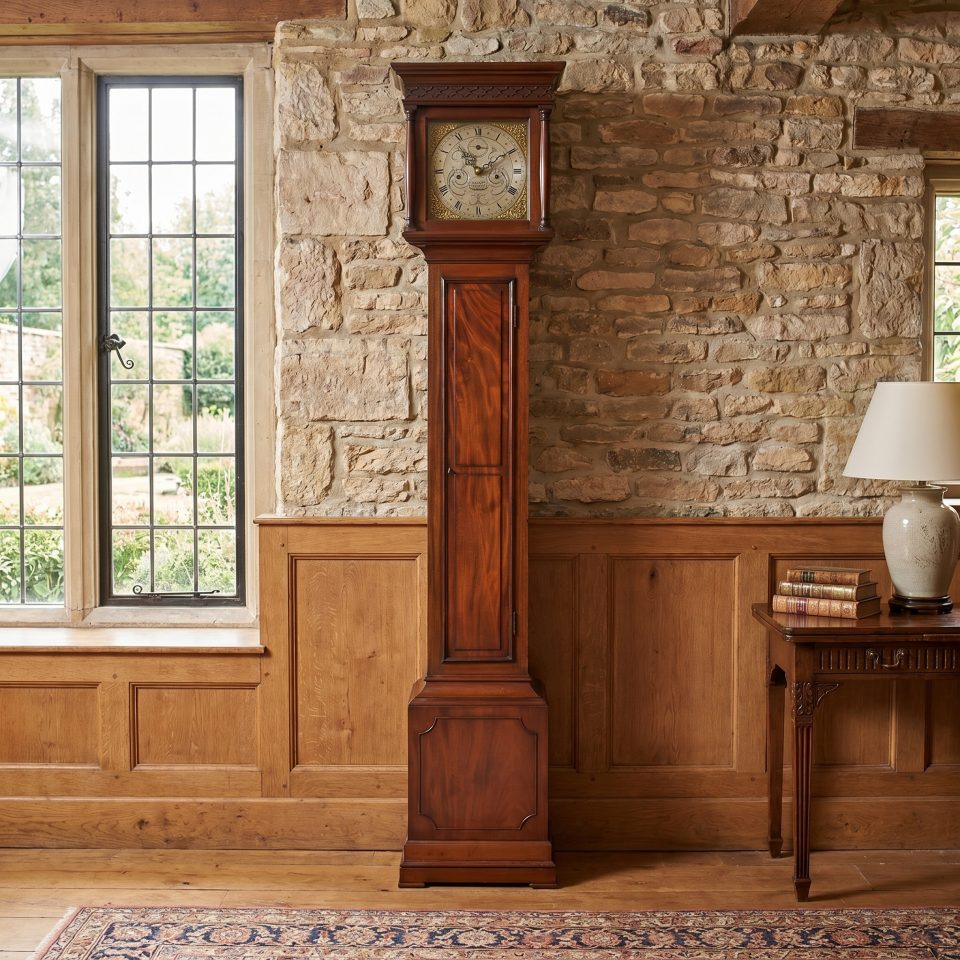 Mahogany cased eight day grandmother clock