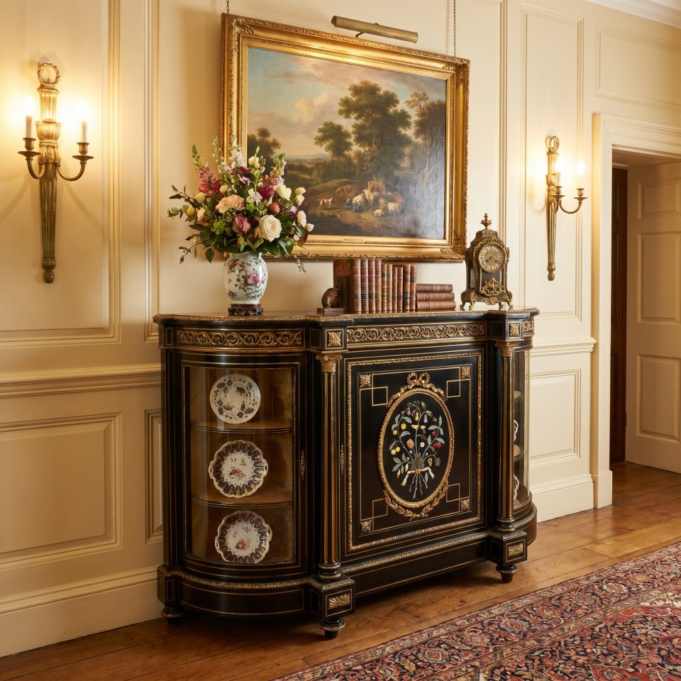 Napoleon III gilt bronze and Pietra Dura mounted ebonized cabinet / credenza