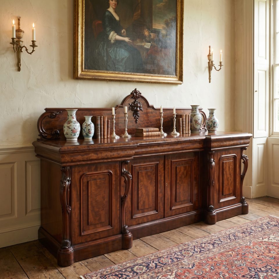 Large figured mahogany breakfront sideboard