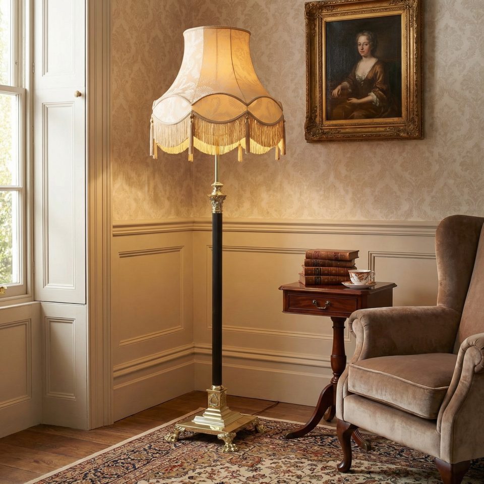 Neoclassical Brass and Black Column Standard Lamp with Adjustable Stem