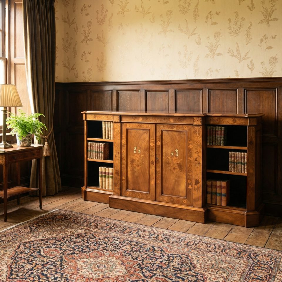 Walnut inlaid breakfront bookcase