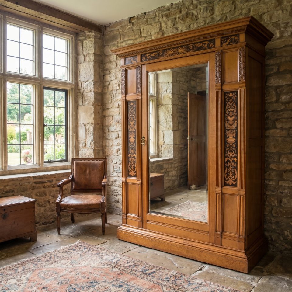 Gillows of Lancaster marquetry inlaid oak wardrobe