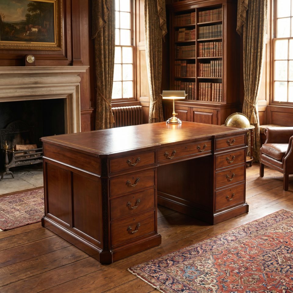 Mahogany Partner’s Pedestal Desk with Tooled Leather Top