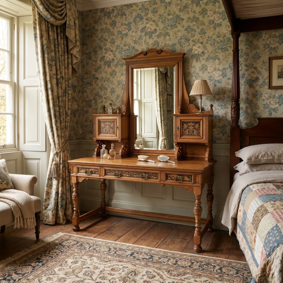 Marquetry inlaid oak dressing table