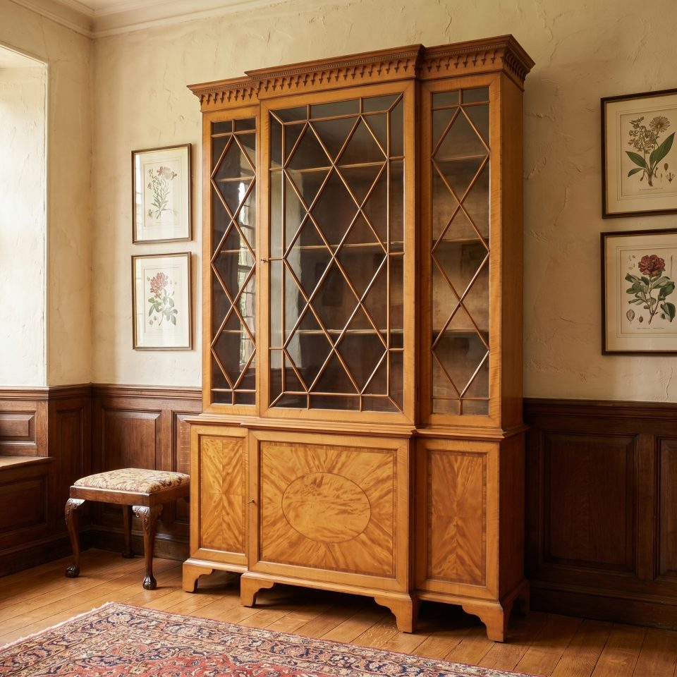 Sheraton revival satinwood breakfront bookcase