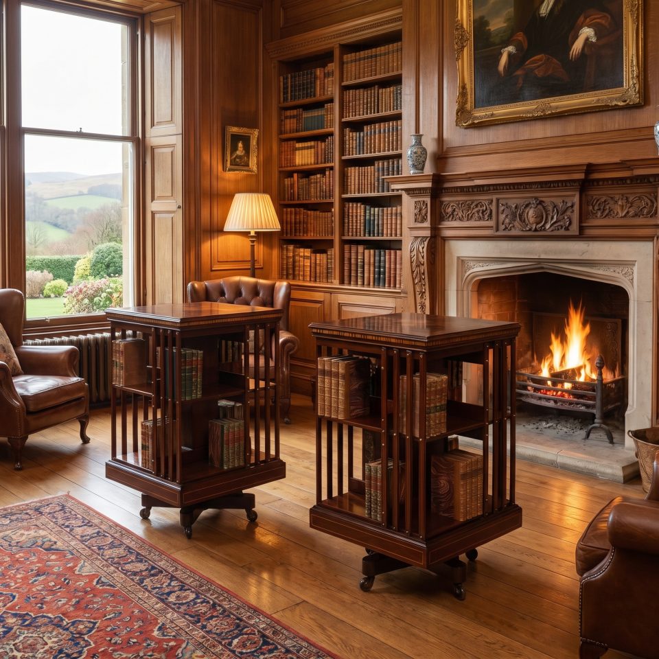 Pair of mahogany inlaid revolving bookcases by Maple and Co