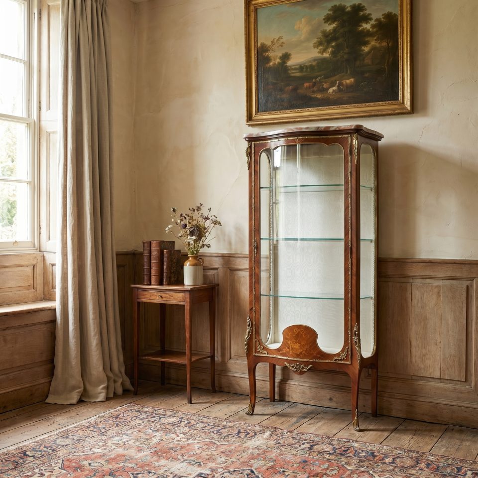 19th century kingwood and marquetry serpentine vitrine