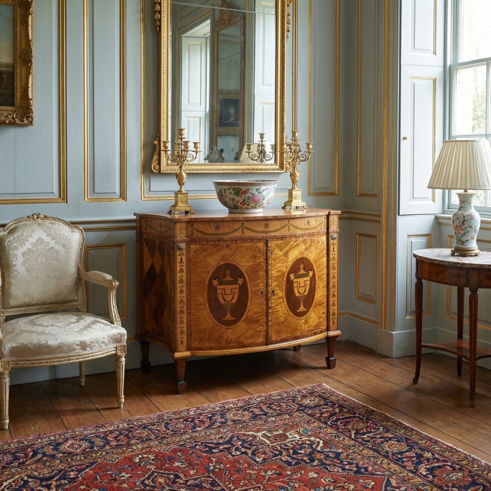 Neoclassical Satinwood Marquetry Demi-Lune Side Cabinet