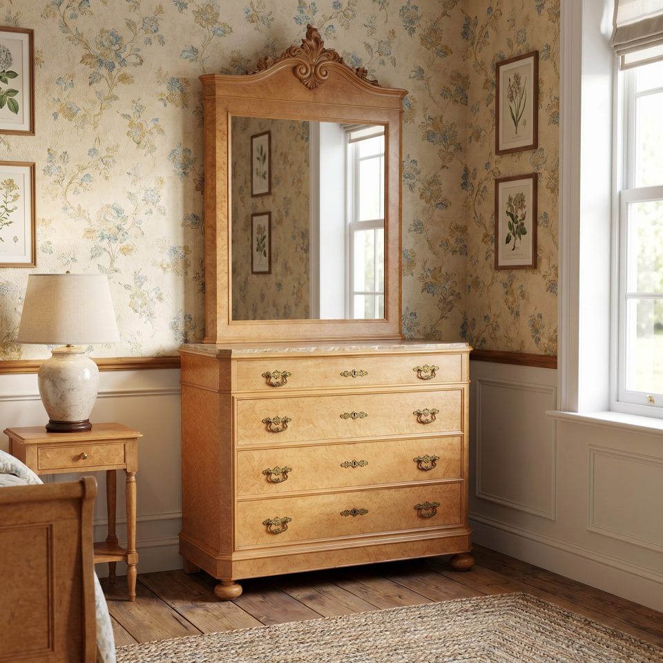 Birds eye maple mirrored back chest of drawers