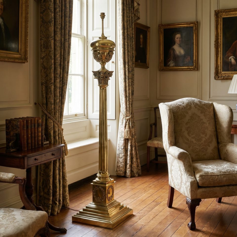 Monumental brass standard lamp by Hinks