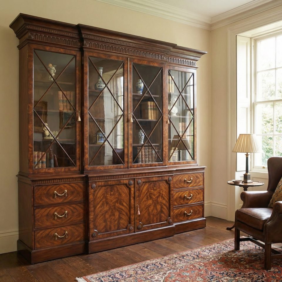 George III style mahogany breakfront library bookcase