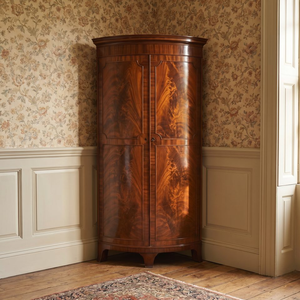 Early 20th Century Figured Mahogany Bowfront Corner Wardrobe