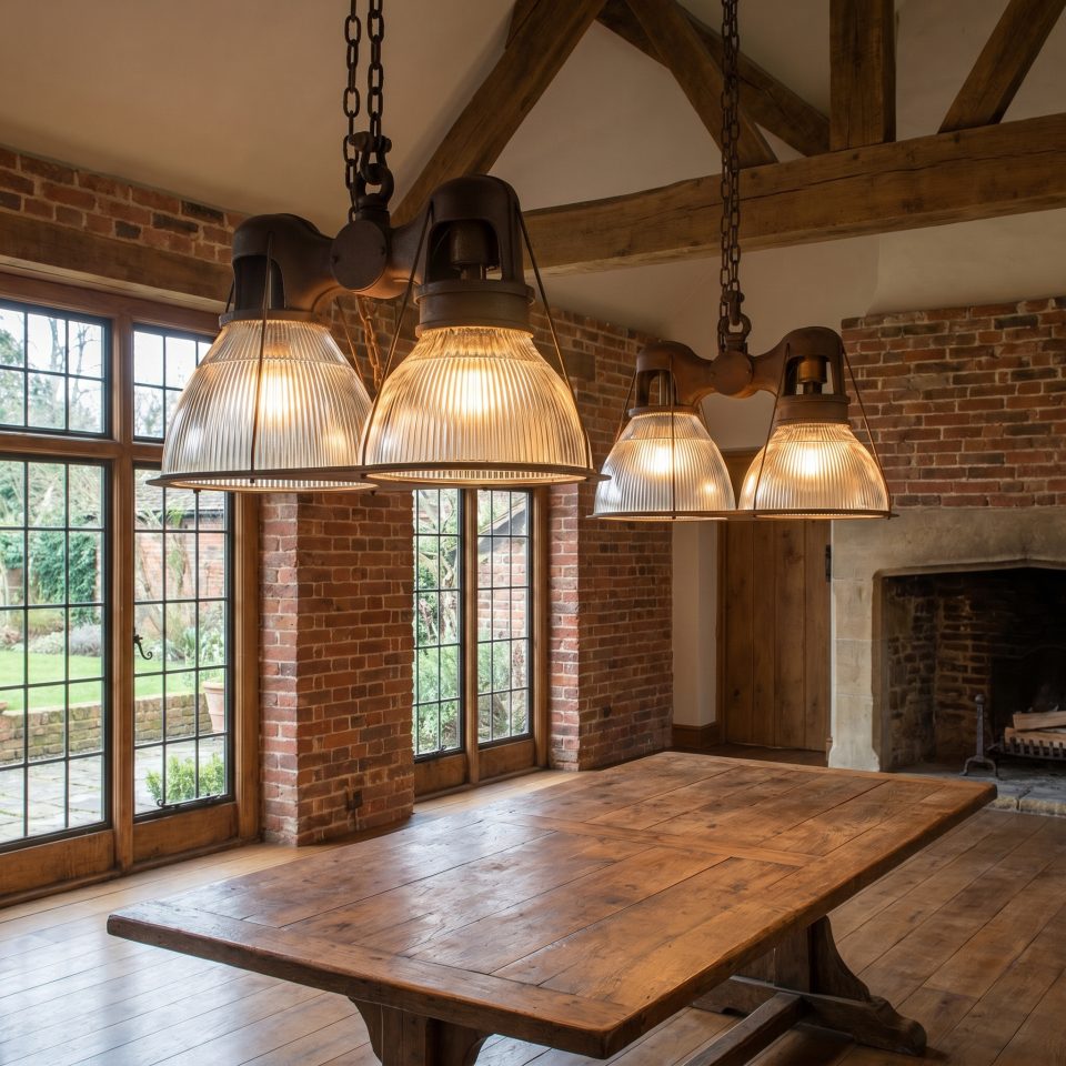 Pair of Double Dome Holophane Chandeliers