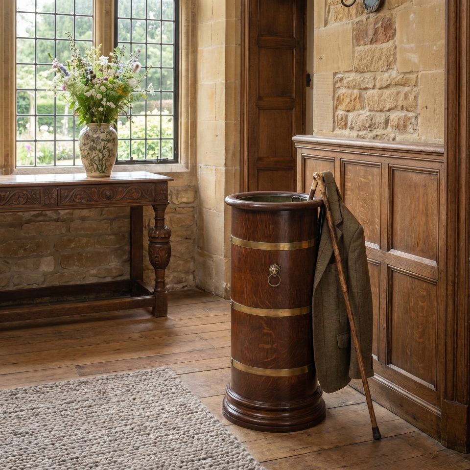 Oak Barrel Umbrella Stand with Lion Head Ring Handle