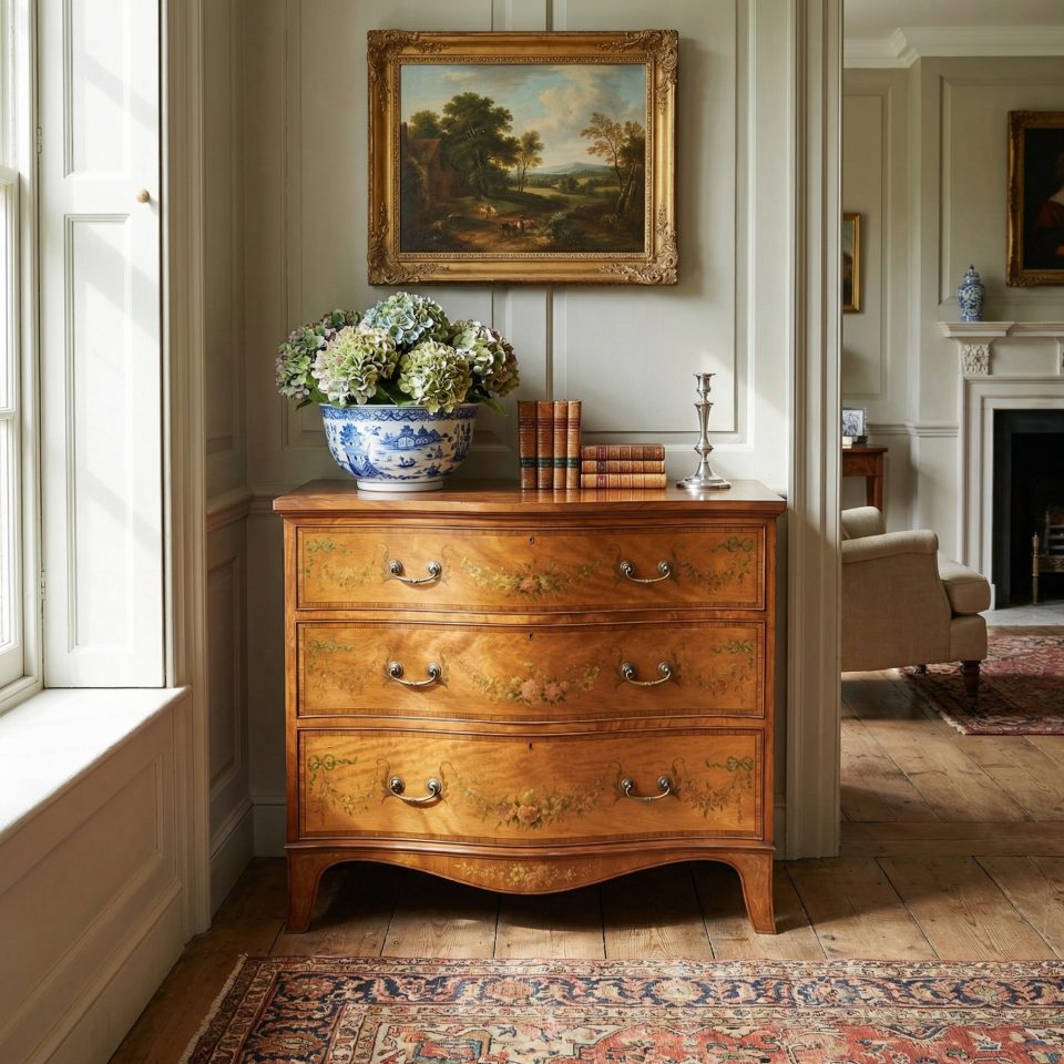 Sheraton Revival Satinwood Serpentine Chest of Drawers