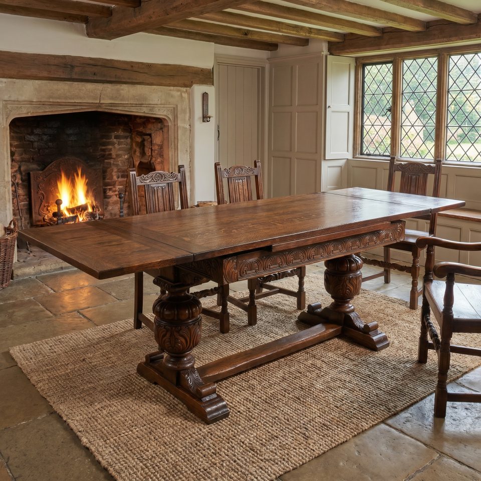 Carved Oak Refectory Dining Table with Pull-Out Extensions