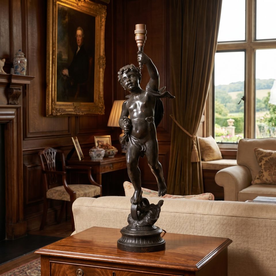 Fine 19th Century Patinated Bronze Cherub Table Lamp
