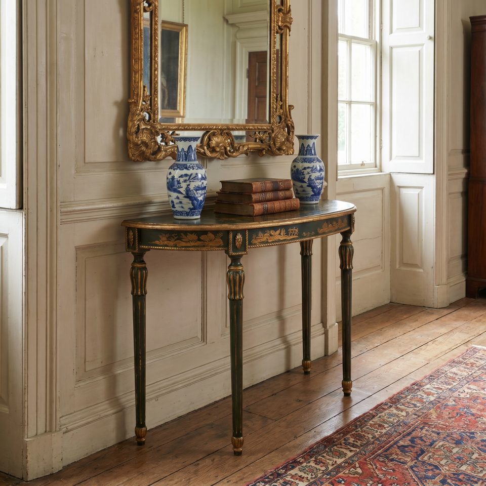 Japanned Demi-Lune Console Table with Chinoiserie Decoration
