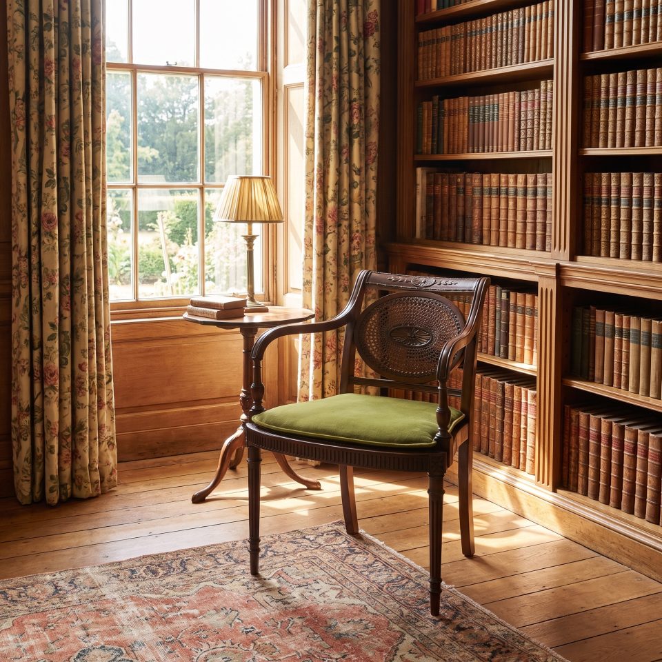 Sheraton Revival Mahogany and Cane Library Armchair