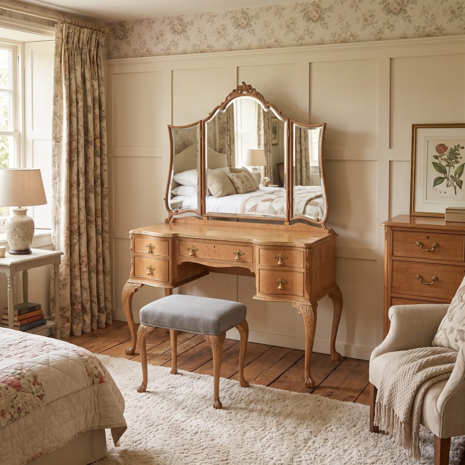 Walnut Dressing Table with Triple Mirror and Stool