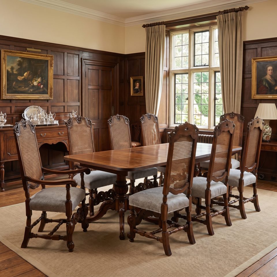 Set of Eight Walnut High-Back Cane Dining Chairs