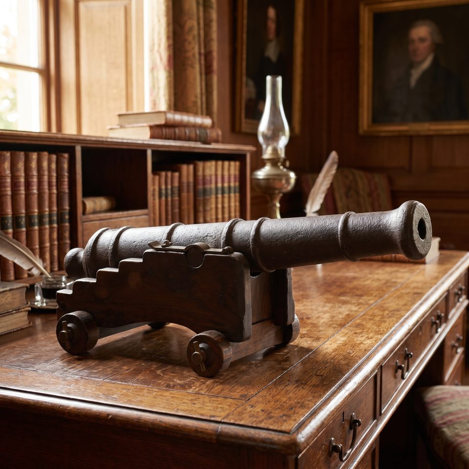 19th Century Cast Iron Signal Cannon on Oak Carriage