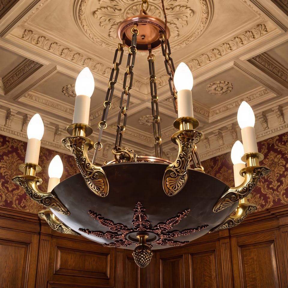 Empire Revival Brass and Copper Eight-Light Chandelier