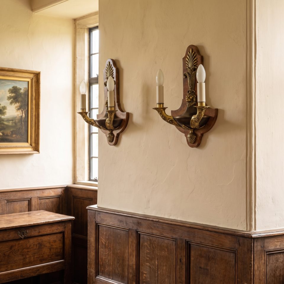 Pair of Empire Style Burr Walnut and Brass Twin-Branch Wall Lights
