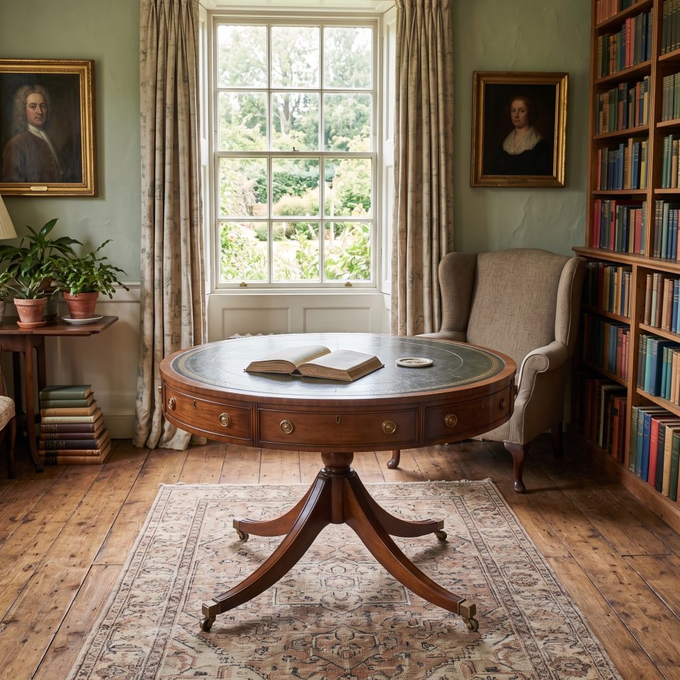 Mahogany and green leather drum table