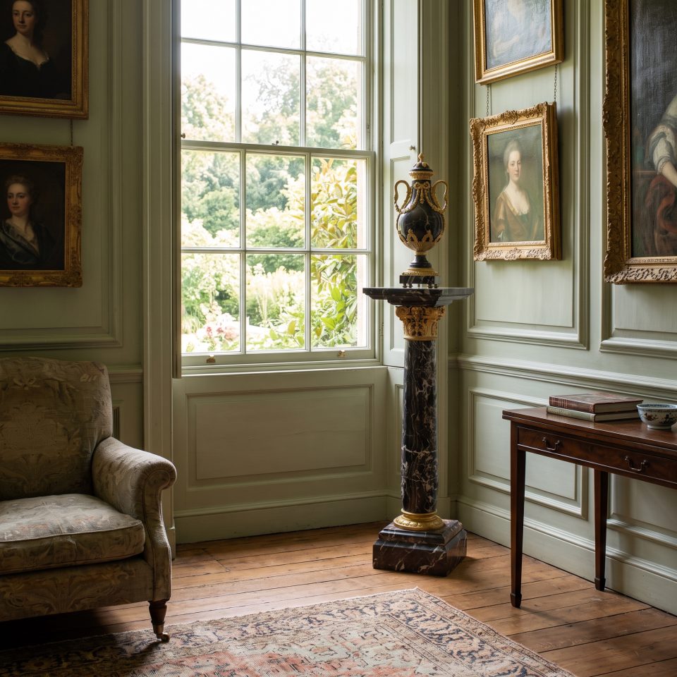 Louis XVI style gilt-metal mounted black marble urn and pedestal