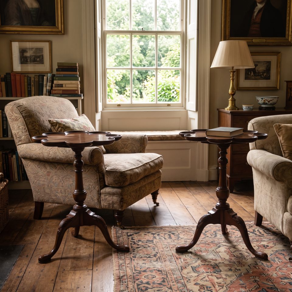Pair of George III style mahogany pie-crust tripod tables