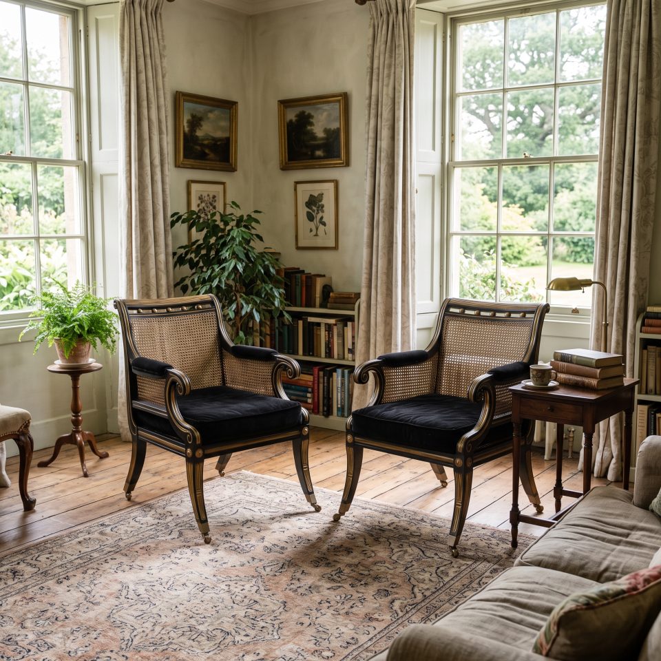 Pair of Ebonised and Parcel-Gilt Cane Bergère Armchairs