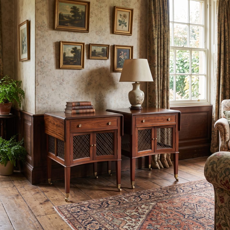 Pair of Mahogany Drop-Leaf Side Tables with Brass Grilles