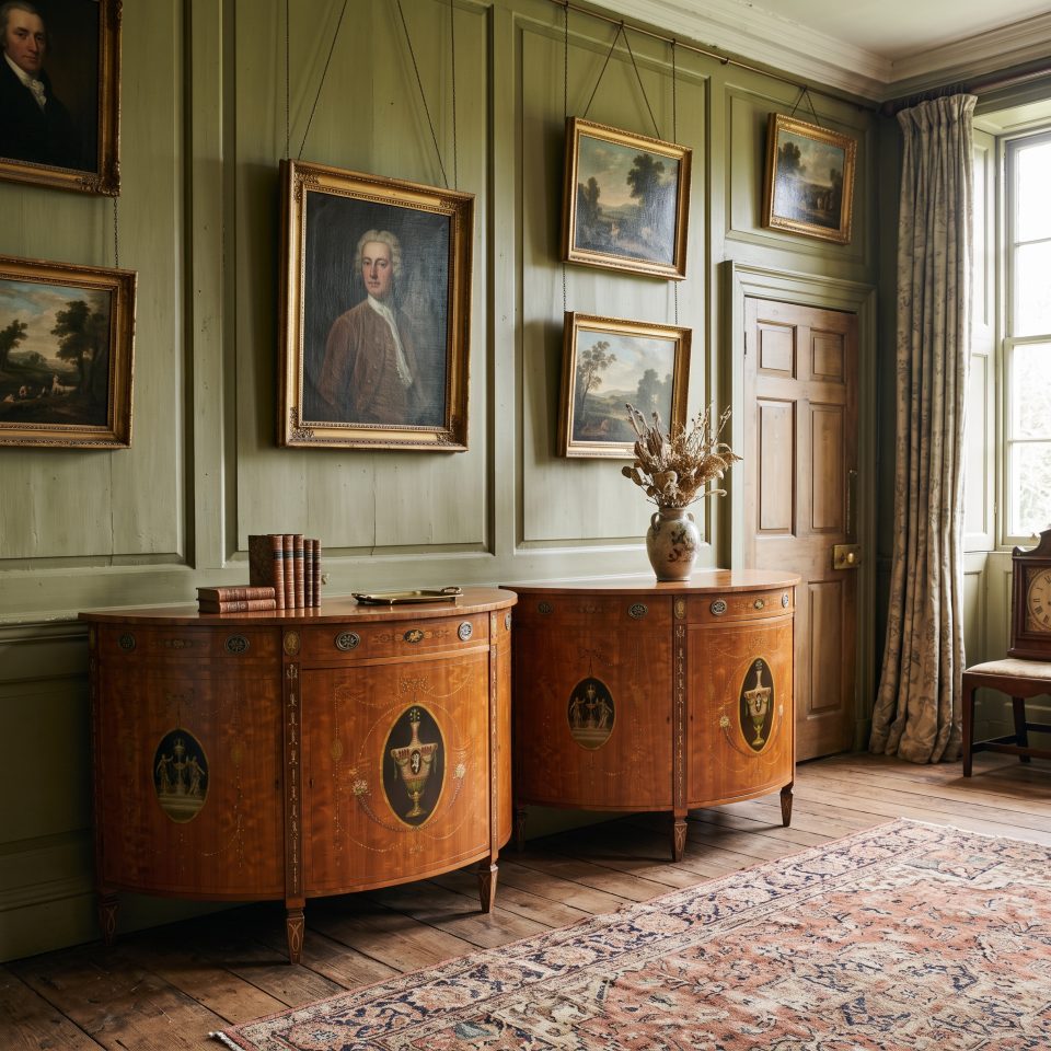 Pair of Sheraton Revival Painted Satinwood Demi-Lune Cabinets