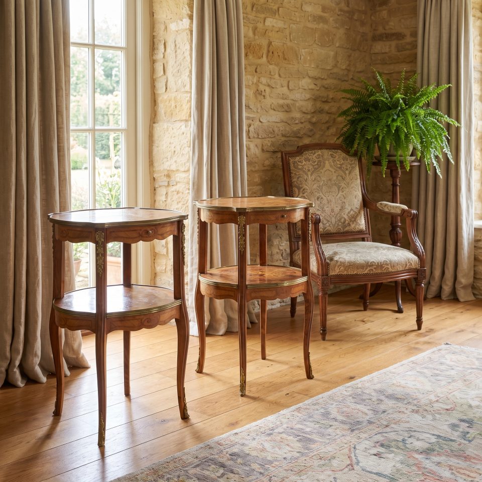 Pair of French Louis XV style marquetry side tables