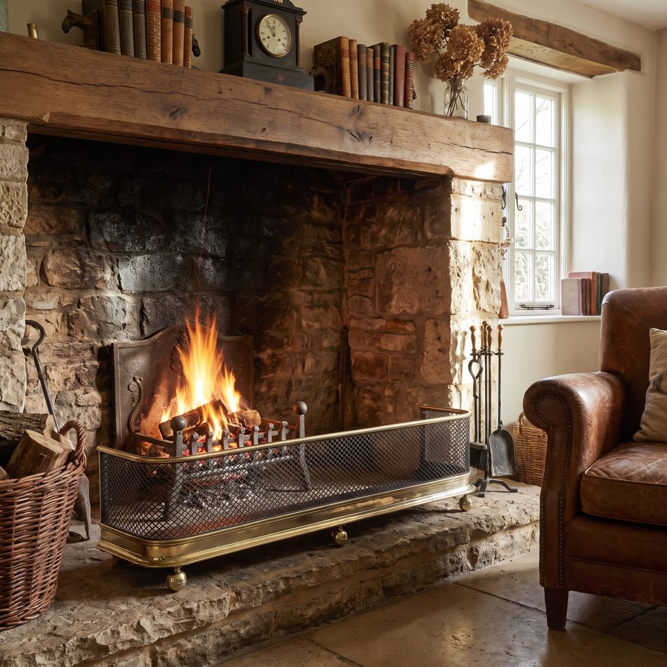 brass and steel mesh fireplace fender