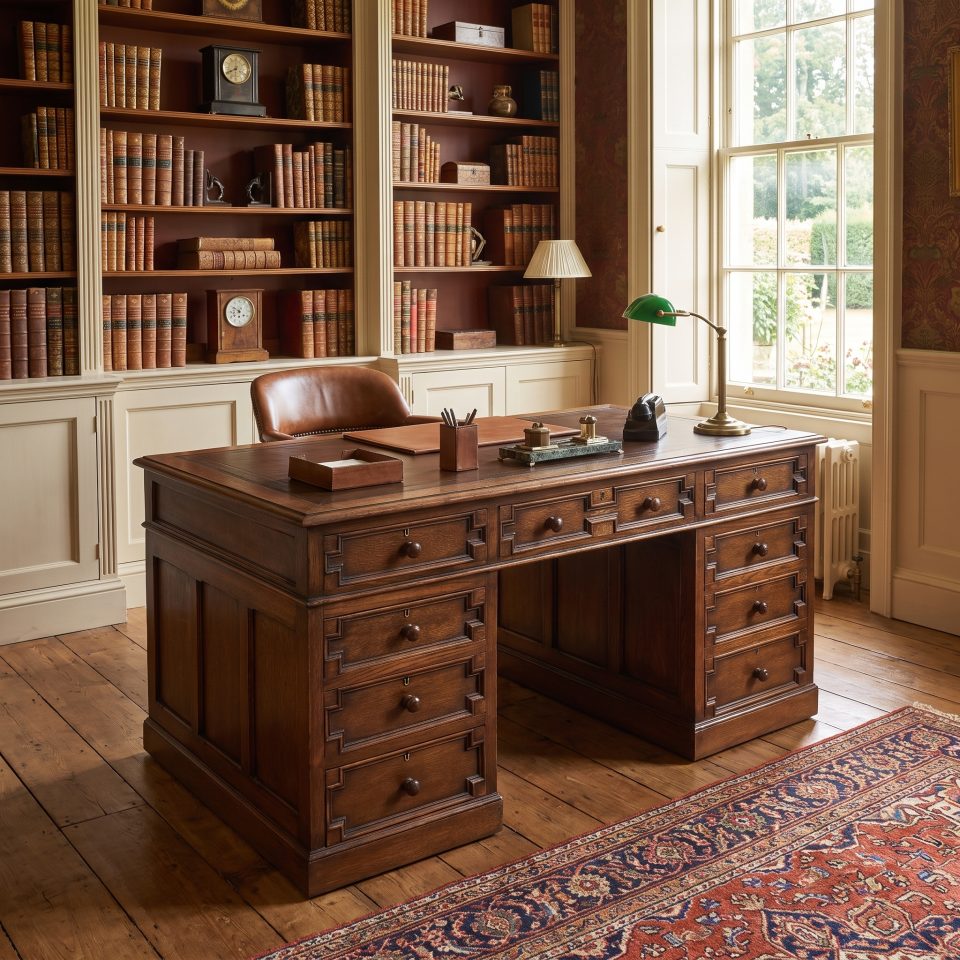 Oak partners desk with leather writing surface