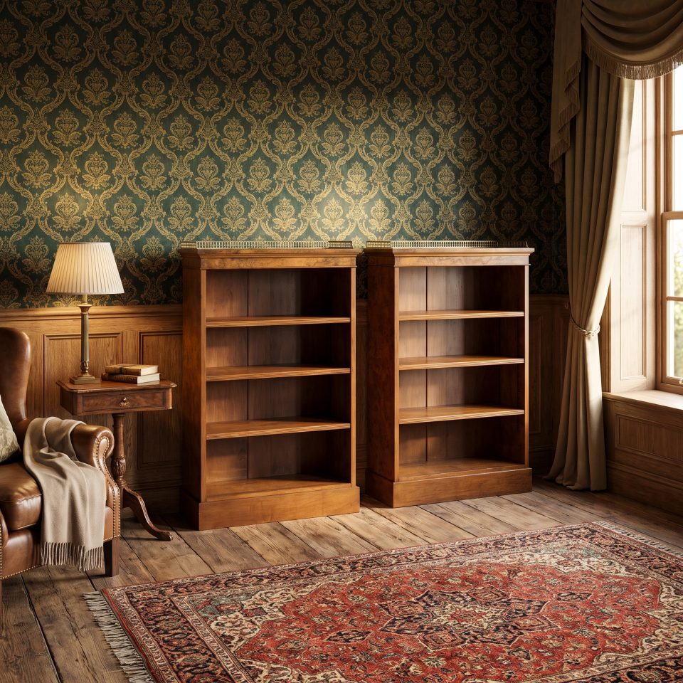 Pair of burr walnut open bookcases with brass galleries